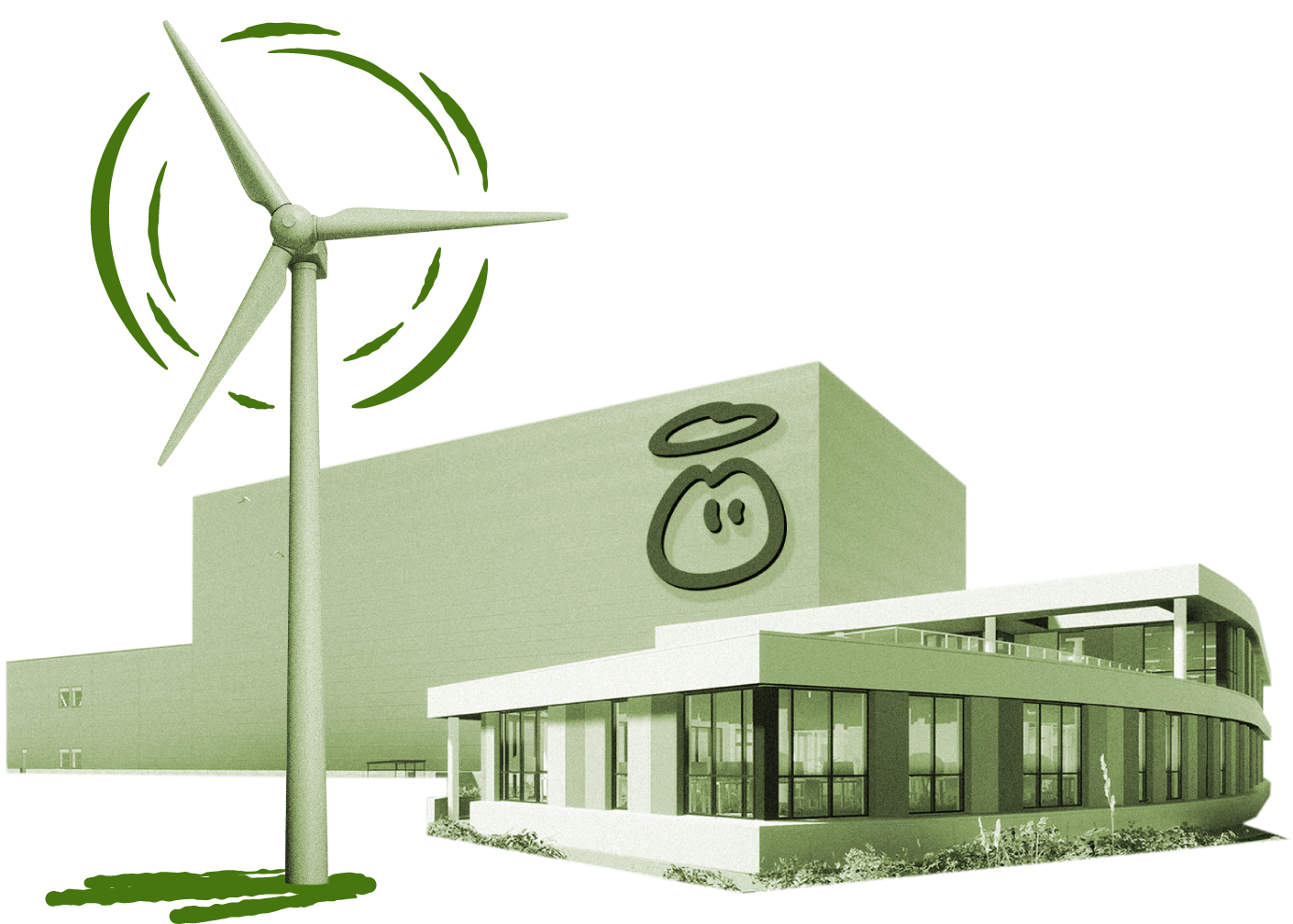 Wind turbine and business building with a logo on the wall.