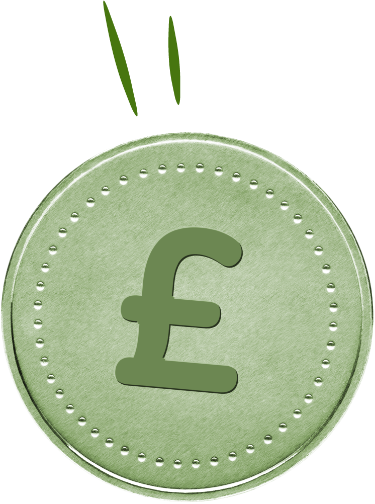 Green pound coin with textured surface and embossed border.