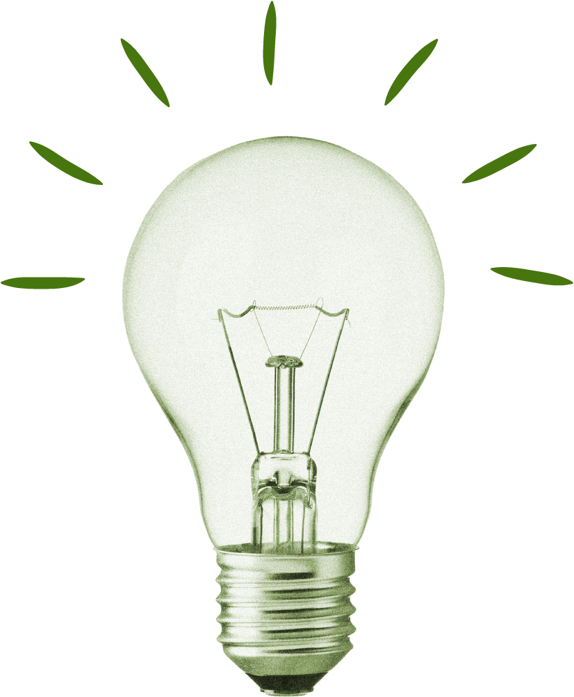 Green lightbulb with light rays on a black background.