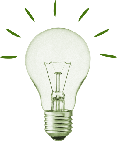 Green lightbulb with light rays on a black background.