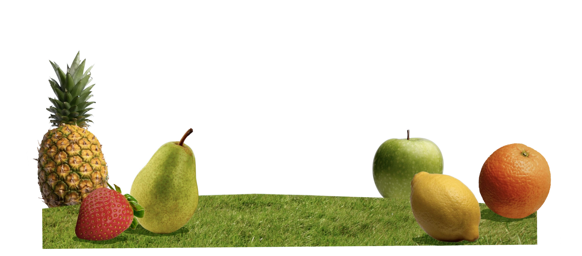 Pineapple, strawberry, pear, apple, lemon, and orange on grass.