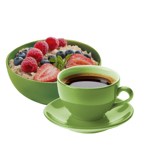Oatmeal with berries and coffee in a green cup and bowl.