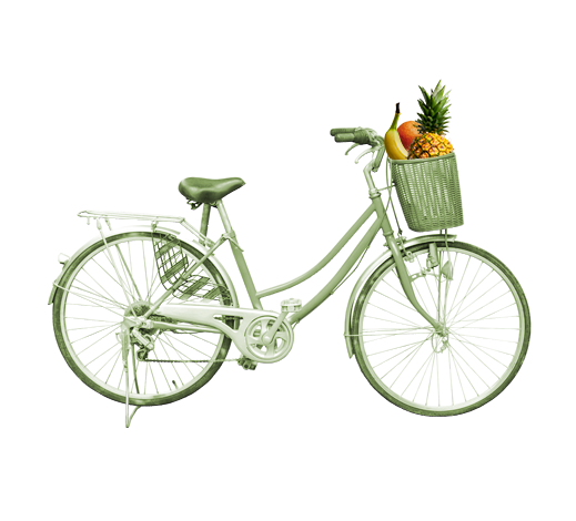 Green bicycle with a basket of fruit. Pineapple, mango, and banana.