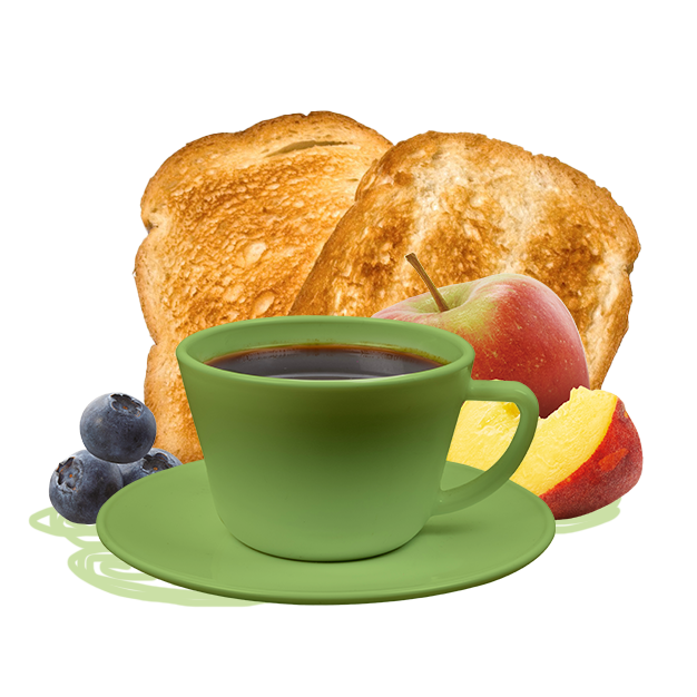 Coffee, toast, fruit, and blueberries.