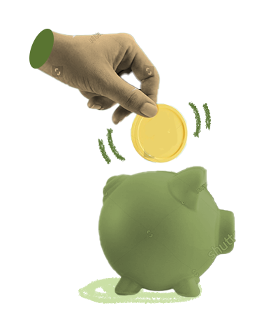 Hand dropping coin into piggy bank.