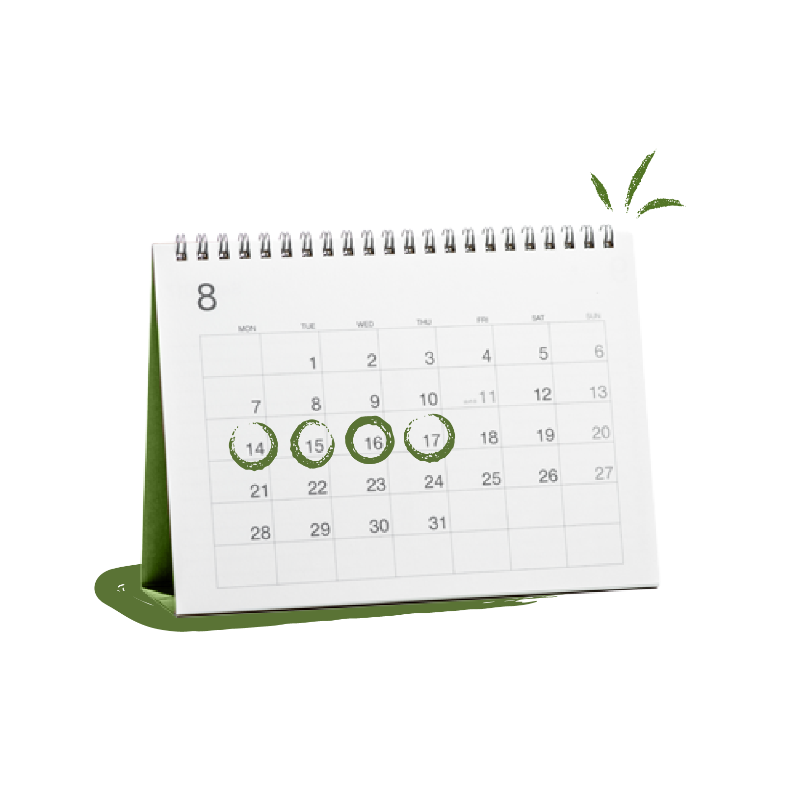 A desk calendar with the month of August shown. The 14th, 15th, 16th, and 17th are circled in green.