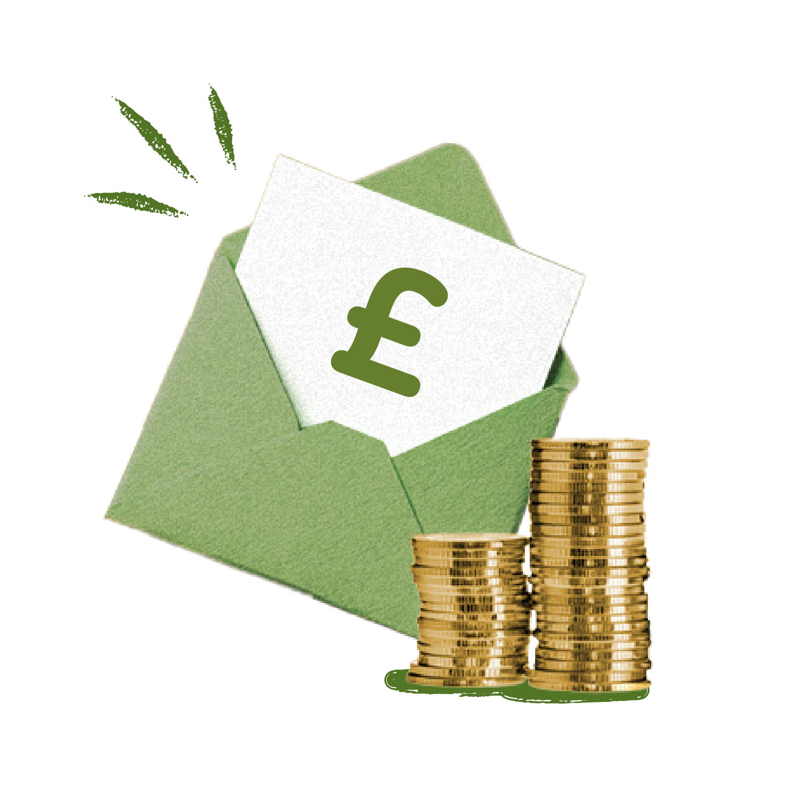 An open green envelope shows a white paper with a pound symbol. Two stacks of gold coins are beside it.