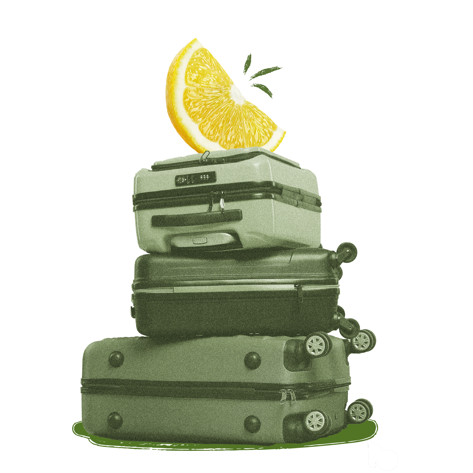 A stack of green suitcases topped with a slice of lemon, suggesting travel and a refreshing experience.