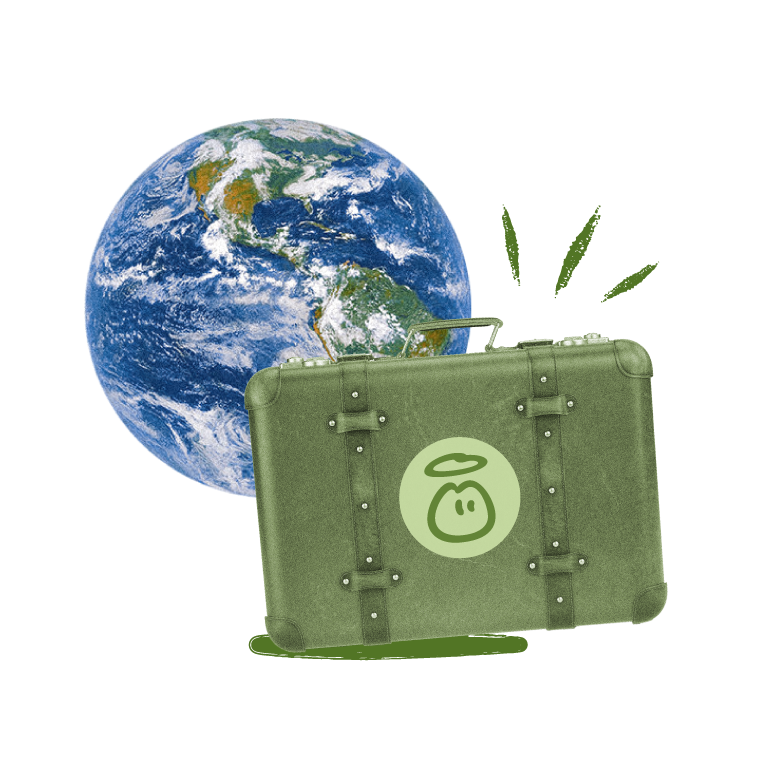 A green suitcase with an apple logo and halo sits in front of a globe.