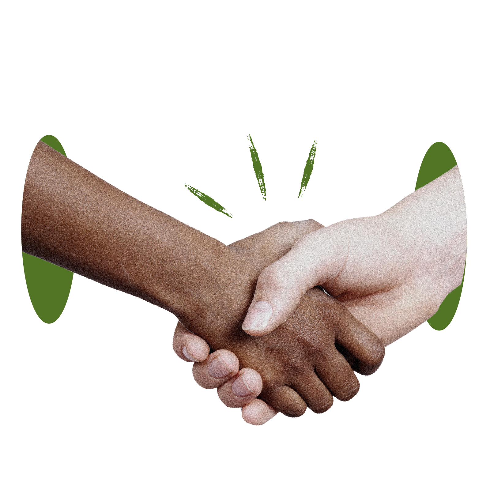 Close-up of two hands, one dark-skinned and one light-skinned, shaking in agreement with green accent marks.