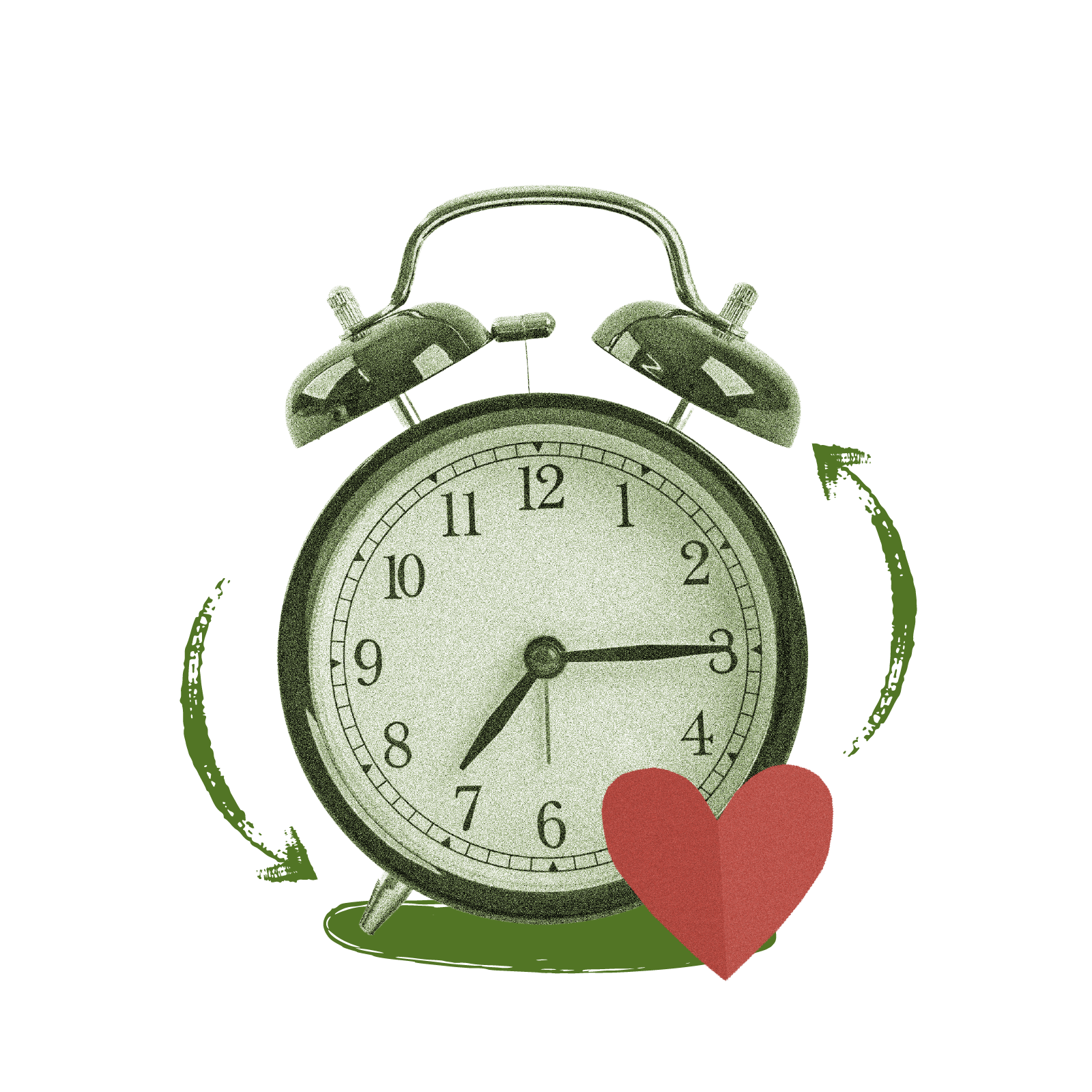 A retro alarm clock with green arrows indicating rotation, and a red heart.