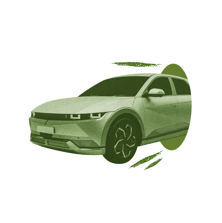 Green stylized image of a car, possibly electric, with textured details and abstract green shapes in the background.