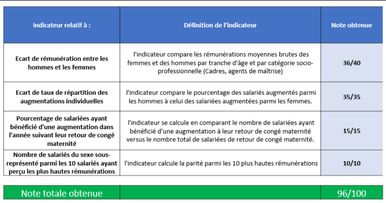 Table showing gender equality indicators, definitions, and scores. Includes gender pay gap, promotion rates, and parental leave.